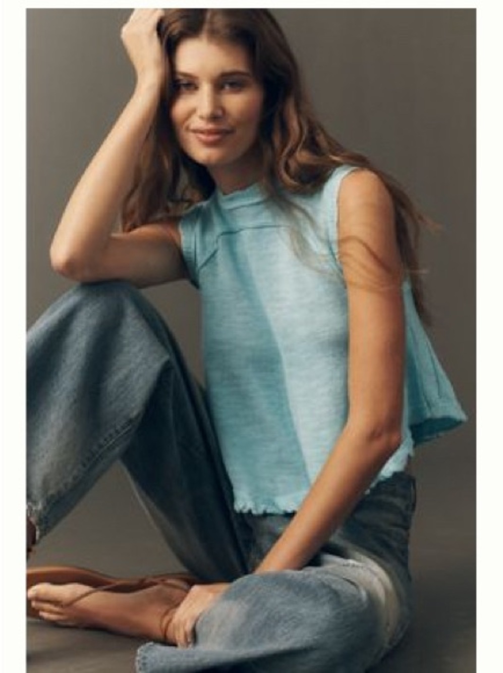 Anthropologie Light Blue Ribbed Mock-Neck Cropped Tank